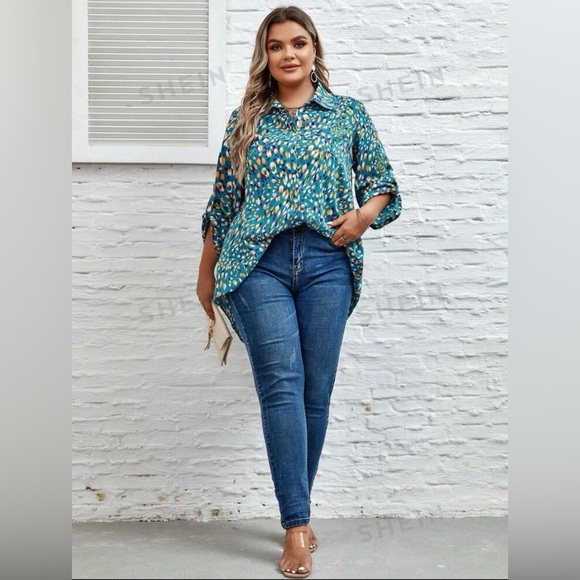 SHEIN LUNE Plus Allover Print Roll Tab Sleeve Shirt 4XL - Picture 5 of 8
